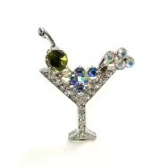 1 Retro Blue Martini Rhinestone Cocktail Drink Olive 33mm. Silver Finding E205