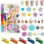 72PCS Push Pins Cute Cat Thumb Tacks Decorative Push Pins Wood Pin Board Tacks Assorted Colors Flower Push Pin Clips for Cork Board Wall Cubicle Accessories for Home Office Cute Desk Accessories