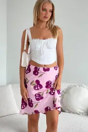 Pink Abstract Picot Trim Midi Skirt Chiffon Lined - Size 16XL, Women's Midi Skirt
