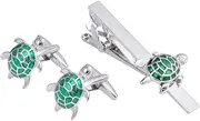 [Vcufflinks] Turtle Green Silver Tortoise Sea Tie Clip and Cufflinks Set