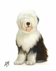 ✿ ORIGINAL Oil Portrait Painting OLD ENGLISH SHEEPDOG Artist Signed Puppy Art