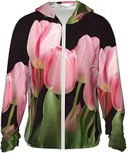 [FHEDVBN] Men's UPF 50+ Pink Tulips Sun Protection Hoodie Long Sleeve Rash Guard Hiking Running Workout Shirt
