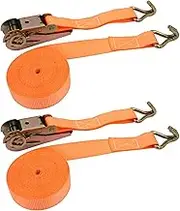 AcbbMNS 2 Pcs 25mm x 5M Ratchet Straps with Dual J-Hooks, Heavy Duty Orange Cargo Lashing Straps up to 1760 lbs, Adjustable Cam Buckle Tie-Down Straps Ratcheting Securing Straps (Dual J-Hooks)