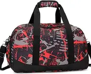 [Octsky] Sports Gym Travel Weekender Duffel Bag for Men Boys with Shoe Compartment & Wet Pocket, Sleepover Bag or Kids, Graffiti-Red