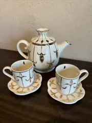 PartyLite IVORY W/GOLD Tea FOR TWO Set Candle Holders Teapot/Cups&Saucers-6 PCS