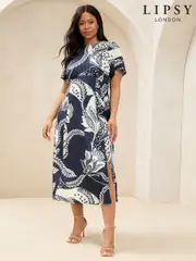Navy Curve Mixed Print Underbust Jersey Midi Dress (AK8681) | $106