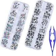 18 Styles Multi-Shaped Glass Gemstones for Nails and 6 Sizes Round Crystal Rhinestones Kit, Iridescent AB Nail Art Charm Bead Manicure Decoration with Pickup Tweezer