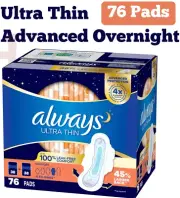 always Ultra Thin Advanced Overnight Pads, 10 Hours Of Protection, 76 Pads
