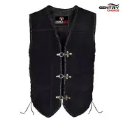 RIDERACT® Motorcycle Leather Vest Triple Clasp Suede Vest Black Motorbike Vest