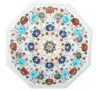 White Marble Coffee Table Top Floral Design Inlay Work End Table for Balcony