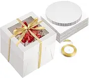 20 Pcs Cake Boxes with Window, 10” x 10” x 8” White Tall Bakery Box Set (10pcs Boxes & 10pcs Boards), Paperboard Cake Baker Box for Bakery, Cakes, Pastries