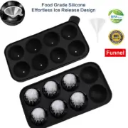 Black Round Silicon Ice Cube Ball Maker Tray 8 Large Sphere Molds Bar w/ Funnel