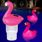 Uekars Solar Pool Chlorine Floater, 7 inch Flamingo Chlorine Floater with Light, Glow in Dark Chlorine Tablet Floater, Adjustable Release and Easy Opening Floating Chlorine Dispenser for Pool, Hot Tub