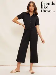 Friends Like These Black Jersey Short Sleeve Button Up Wide Leg Jumpsuit (AY9263) | $71