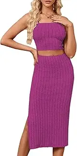 [WanMem] Womens Summer 2 Piece Skirt Sets Spaghetti Cami Crop Top Bodycon Side Slit Midi Dress Outfits, 6254 Rosered, Small
