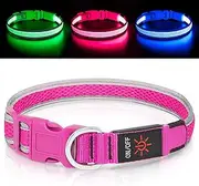 Bpawser LED Dog Collar light Up Dog Collars USB Rechargeable Adjustable Size MESH Webbing Glow Safety Basic Dog Collars for Large Medium Dogs (M, Pink)
