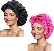 Satin Silk Hair Bonnet for Sleeping Large Bonnets with Tie Band Wrap with Adjustable Straps Night Sleep Caps for Women Curly Braid Hair (Black,Hot Pink)