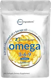 Triple Omega 3 6 9, 3600mg Per Serving, 300 Softgels, Including Fish Oil, Flaxseed Oil and Evening Primrose Oil, Strongly Supports Heart and Vascular Health, No GMOs and No Gluten