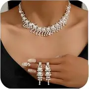 [Chargances] Pearl Bridal Necklace Earrings Set Sparkly Rhinestone Tassle Choker Crystal Bride Earrrings Wedding Accessories for Women and Girls