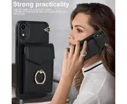 For iPhone XR Wallet Case with RFID Credit Cards Holder and Wrist Strap - Black