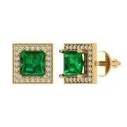 2.3 ct Princess Round Cut Halo Emerald Stud Solitaire Earrings 14k Yellow Gold