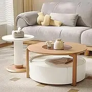 EKDJSN White Nesting Table Set, Coffee Table Set of 2 with Wooden Disc Support Base, Stacking Side Tables with Hidden Storage Drawers, Open Storage, for Living Room
