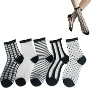 [aoozleny] Women Sheer Socks,Transparent Stretch Elasticity Ankle Cool Socks, 5 Pairs, Black White, Medium-Large