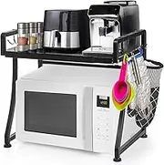 DEAYOU Microwave Oven Rack, Extendable Toaster Stand Utensils Storage with 8 Hooks, 2-Tier Adjustable Kitchen Countertop Organizer Shelf for Air Fryer, Rice Cooker, Spice, 110lbs Weight Capacity