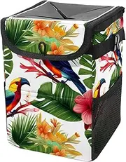 Car Trash Can with Lid and Storage Pockets Leak-Proof Organizer,Multipurpose Trash Bin for Car,Bird Palm Summer Leaves