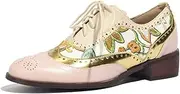 [Oilyong] Women's Vintage Wingtip Lace-Up Oxford Shoes Floral Embroidered Leather Brogues Low Heel Retro Saddle Shoes
