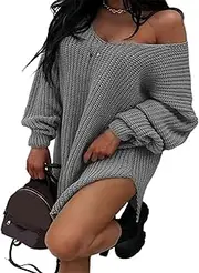 [OULIWANGLUO] Women's Off Shoulder Chunky Ribbed Knit Pullover Jumper Loose Long Sleeve Sweater Dresses Oversized Fall Tunic Sweater Tops