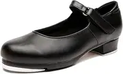 [NLeahershoe] Slide Buckle Leather Tap Shoes Dancing Shoes for Girls(Toddler/Little Kid/Big Kid Black Size: 2 Little Kid