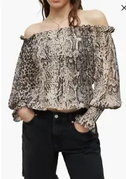 *NWT* ALLSAINTS Lara Noche Off Shoulder Snake Print Smocked Top Sz S 4 / UK 8