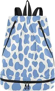 Yoogain Cow Print Blue Drawstring athletic bag hiking small gym backpack with Wet Dry Compartments, Cow Print Blue, 1 size