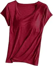 [Suhorseful] Women's Pajama Top with Built-in Bra Short Sleeve T-Shirt Padded Wireless Bra Tops Yoga Shirt Soft Sleep Tee Sleepwear, Wine Red, XX-Large