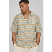 Mens Stone Oversized Open Weave Crochet Zig Zag Stripe Shirt