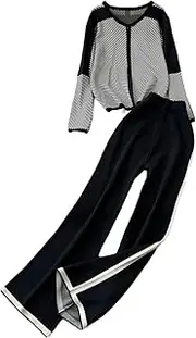 [Generic] Women's Striped Sweater Suits V Neck Loose Knit Tops Wide Legs Long Pants Jogging Tracksuits Lounge Sets
