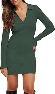 [DGHM-JLMY] Women's Simple Ribbed Collar V Neck Pencil Dress Long Sleeve Homecoming Mini Sheath Classic Dating Bodycon