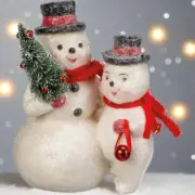 Christmas Pair Of Vintage Look Dapper Snowmen w/ Bottle Brush Tree Figurine