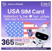 Jethro Mobile Prepaid SIM Card Unlimited Talk Text & 20GB High-Speed Data 1 Year