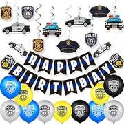 32 Pieces Police Birthday Party Decorations Set Police Party Swirls Set Including 20 Police Party Latex Balloons 2 Police Banners 10 Police Hanging Swirls for Police Themed Birthday Party