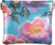 [FRODOTGV] Retro Peach Peonies Blue Women's Leather Coin Purse Wallet Cute Mini Coin Purse Pouches for Girls Ladies Handbag, Retro Peach Peonies Blue, 4.33"(L) x 3.74"(W) x 0.39"(H), Classic