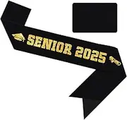 Vuzvuv Senior 2025 Graduation Sash, Black Satin Sash with Glitter Gold Fonts and Mortarboard & Certificate Pattern Design, 2025 Graduation Decoration for Class 2025 Graduates