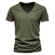 Summer Men Top Tee Solid Color Bamboo Cotton V-neck Short Sleeve T-shirt Pure Cotton Men's Clothing army green M