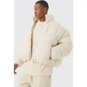 Mens Borg & Nylon Funnel Neck Puffer In Ecru