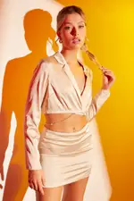 Beige Crop Blazer Wrap Diamante Jewel Tie Satin - Size 14, Women's Jacket