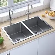 Handmade Stainless Steel Kitchen Sink, Double Bowl with Brushed Finish - 71 x 44 x 20 cm, Undermount/Flush Mount/Drop-in, Anti-Corrosion, X-Flume Design Sound Reduction
