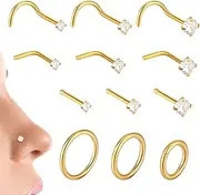 [Larrel] Nose Rings Hoop Nose Studs Sets,12Pcs L Stainless Steel Hinged Clicker Segment Noses Rings Hoop Corkscrew Noses Piercing Stud for Women Men(Gold), 0.9cm/0.35inch, Stainless Steel, Crystal