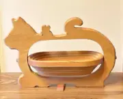 Cat & Mouse Collapsible Bowl Basket Handmade Wooden Art Kitten Folding Circular