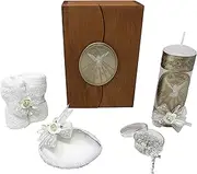 Arcangeles Mexicanos Catholic Baptism Candle Set in a Wooden Box with Towel, Candle, Rosary and Shell for Baby Boys and Girls. Handmade in Mexico